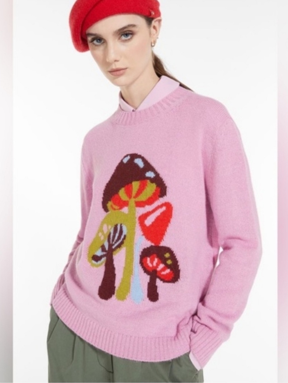 Max Mara Weekend Mushroom Intarsia Knit Wool Alpaca Pink Sweater Crewneck